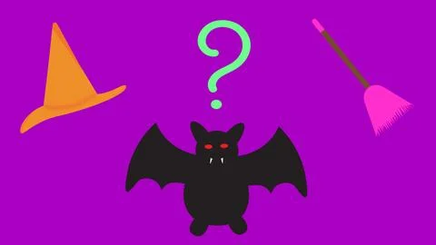 Cartoon vampire bat with question mark surrounded by witch hat and broom on.. 스톡 일러스트