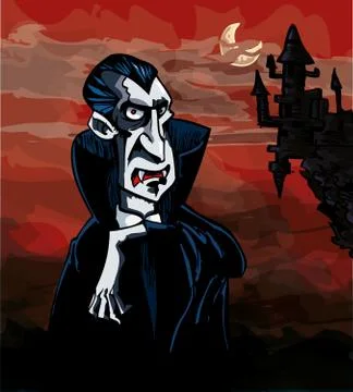 Cartoon vampire with a castle in the background Stock Illustration