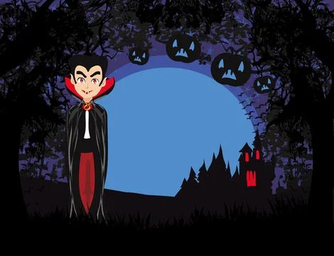 Cartoon Vampire with a haunted castle during the full moon, card with space f Stock Illustration