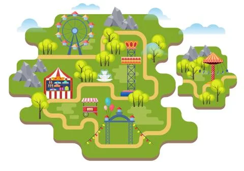 Cartoon vector amusement park map background isolated. Ilustración de archivo