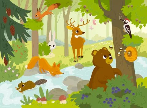 Cartoon vector animals that live in the forest. Stock Illustration