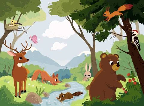 Cartoon vector animals that live on the valley with river Stock Illustration