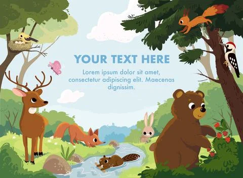Cartoon vector animals that live on the valley with river and forest. Stock Illustration
