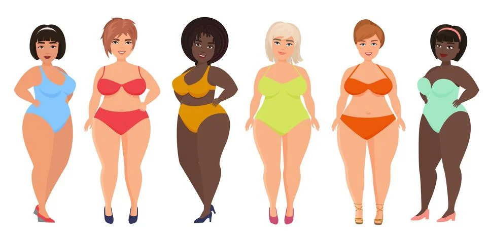 Cartoon vector beautiful plus size curved women in underwear, bathing suit Stock Illustration