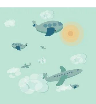 Cartoon vector composition in flat design cute planes in the sky with clouds and 스톡 일러스트