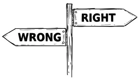 Cartoon Vector Direction Sign with Two Decision Arrows Wrong and Right Stock Illustration