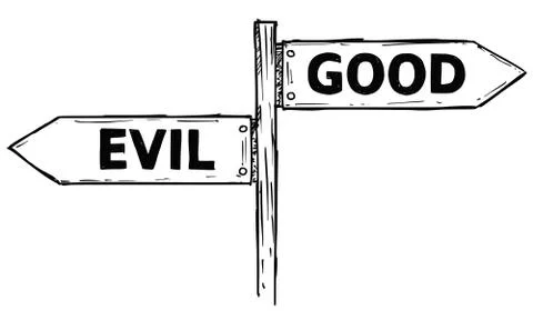 Cartoon Vector Direction Sign with Two Decision Arrows Good an Evil Illustrazione stock
