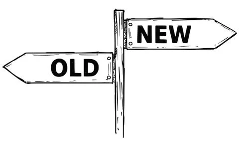Cartoon Vector Direction Sign with Two Decision Arrows Old and New Stock Illustration