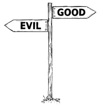 Cartoon Vector Direction Sign with Two Decision Arrows Good an Evil Illustrazione stock