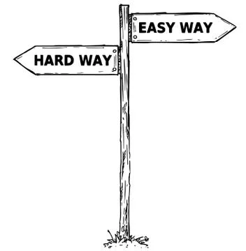 Cartoon Vector Direction Sign with Two Decision Arrows Easy and Hard Ways Stock Illustration