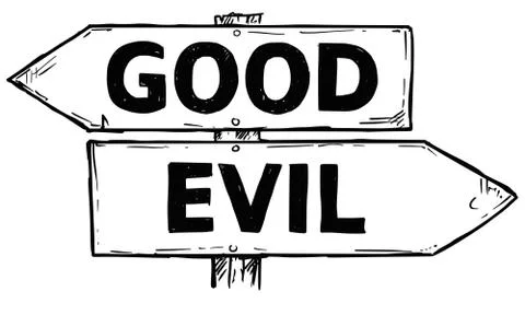 Cartoon Vector Direction Sign with Two Decision Arrows Good and Evil Illustrazione stock