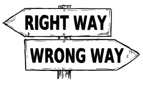 Cartoon Vector Direction Sign with Two Decision Arrows Right and Wrong Way Illustrazione stock