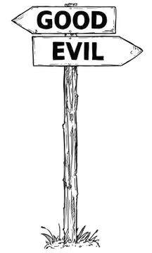 Cartoon Vector Direction Sign with Two Decision Arrows Good an Evil Illustrazione stock