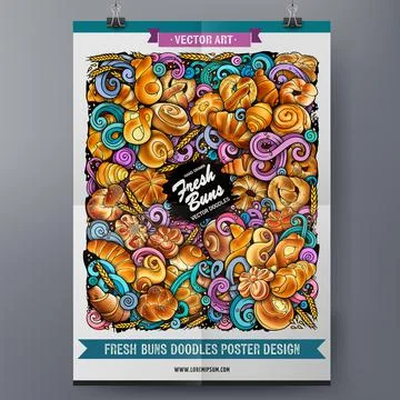 Cartoon vector doodle Bakery poster template. Stock Illustration