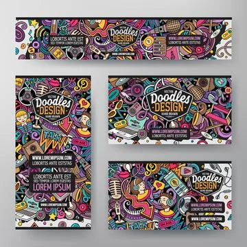 Cartoon vector doodle set of Audio Content corporate identity template Stock Illustration