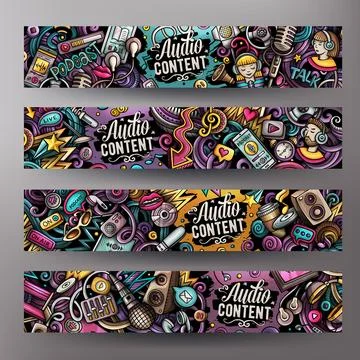 Cartoon vector doodle set of Audio Content banners Stockillustratie