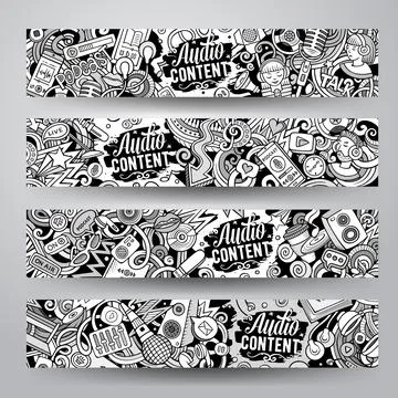 Cartoon vector doodle set of Audio Content banners Stockillustratie