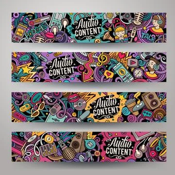 Cartoon vector doodle set of Audio Content banners Stockillustratie