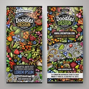 Cartoon vector doodle set of Berry Fruits banners Stock Illustration