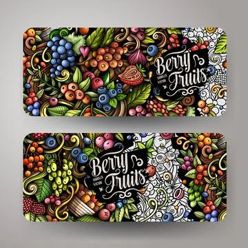 Cartoon vector doodle set of Berry Fruits banners 스톡 일러스트