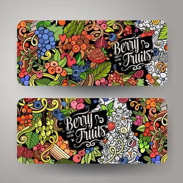 Cartoon vector doodle set of Berry Fruits banners Stockillustratie