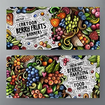 Cartoon vector doodle set of Berry Fruits banners Illustrazione stock