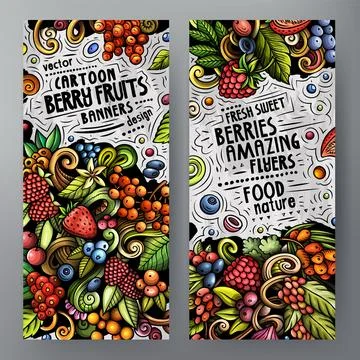 Cartoon vector doodle set of Berry Fruits banners Illustrazione stock