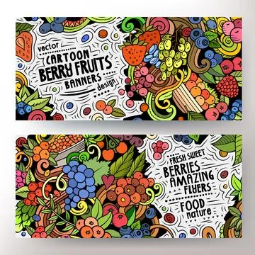 Cartoon vector doodle set of Berry Fruits banners Stock Illustration