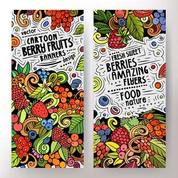 Cartoon vector doodle set of Berry Fruits banners Stock Illustration