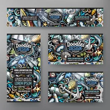 Cartoon vector doodle set of Diving corporate identity templates Stock Illustration