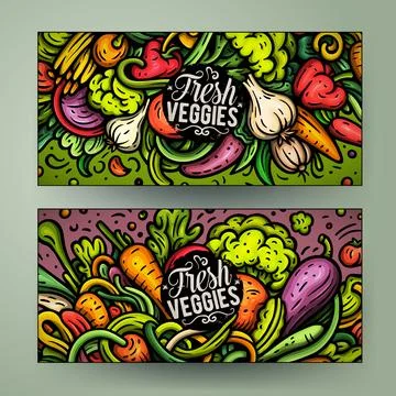 Cartoon vector doodle set of Fresh Vegetables banners Stock Illustration