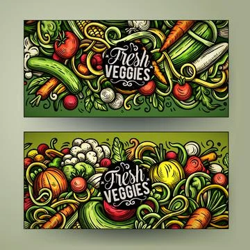 Cartoon vector doodle set of Fresh Vegetables banners Stock Illustration