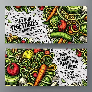 Cartoon vector doodle set of Fresh Vegetables banners Stock Illustration