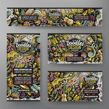 Cartoon vector doodle set of Hippie corporate identity Stock Illustration