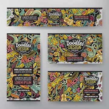 Cartoon vector doodle set of Hippie corporate identity Stock Illustration