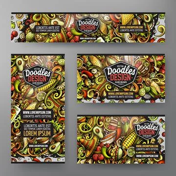 Cartoon vector doodle set of mexican food corporate identity templates. Stock Illustration