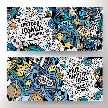 Cartoon vector doodle set of Outer Space banners Stock Illustration