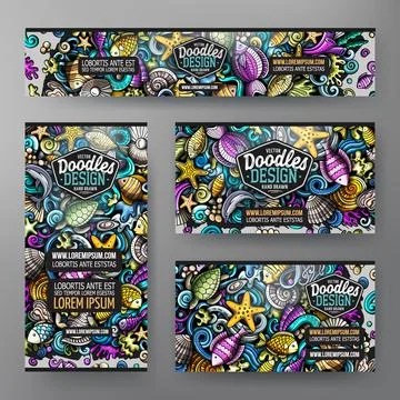 Cartoon vector doodle set of Sea Life corporate identity templates. Stock Illustration