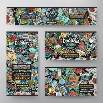 Cartoon vector doodle set of Traveling corporate identity template Stock Illustration