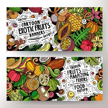Cartoon vector doodle set of Tropical Fruits banners Stock Illustration
