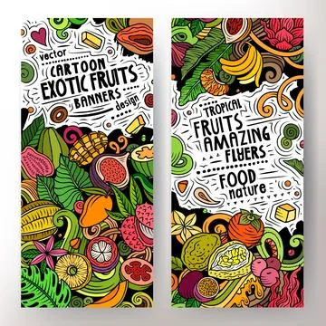 Cartoon vector doodle set of Tropical Fruits banners Stock Illustration