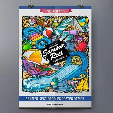 Cartoon vector doodle summer beach children's entertainment poster template. Stock Illustration