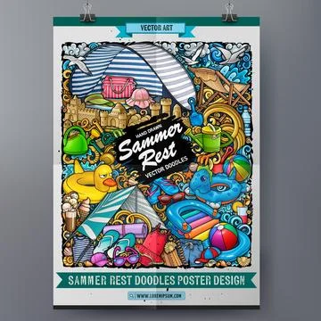 Cartoon vector doodle summer beach children's entertainment poster template. Stock Illustration