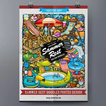 Cartoon vector doodle summer beach children's entertainment poster template. Stock Illustration