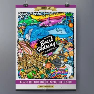 Cartoon vector doodle summer beach children's entertainment poster template. Stock Illustration