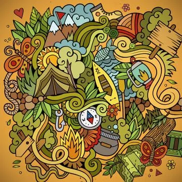 Cartoon vector doodles camping background Ilustración de archivo