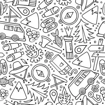 Cartoon vector doodles camping seamless pattern Stock Illustration