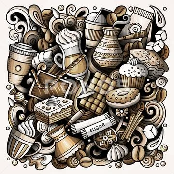 Cartoon vector doodles Coffe shop illustration. Cafe funny picture Stock Illustration