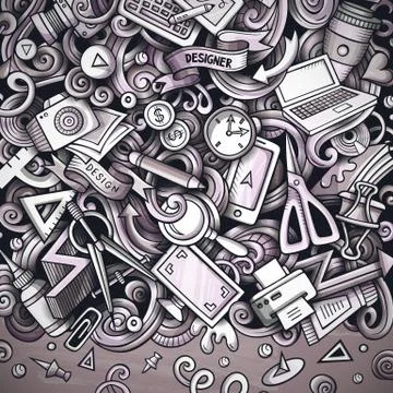 Cartoon vector doodles Design card. Graphics with lots of objects illustration Stock Illustration