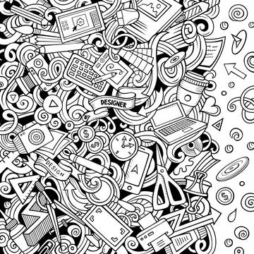 Cartoon vector doodles Design card. Artistic funny border. Stock-Illustration